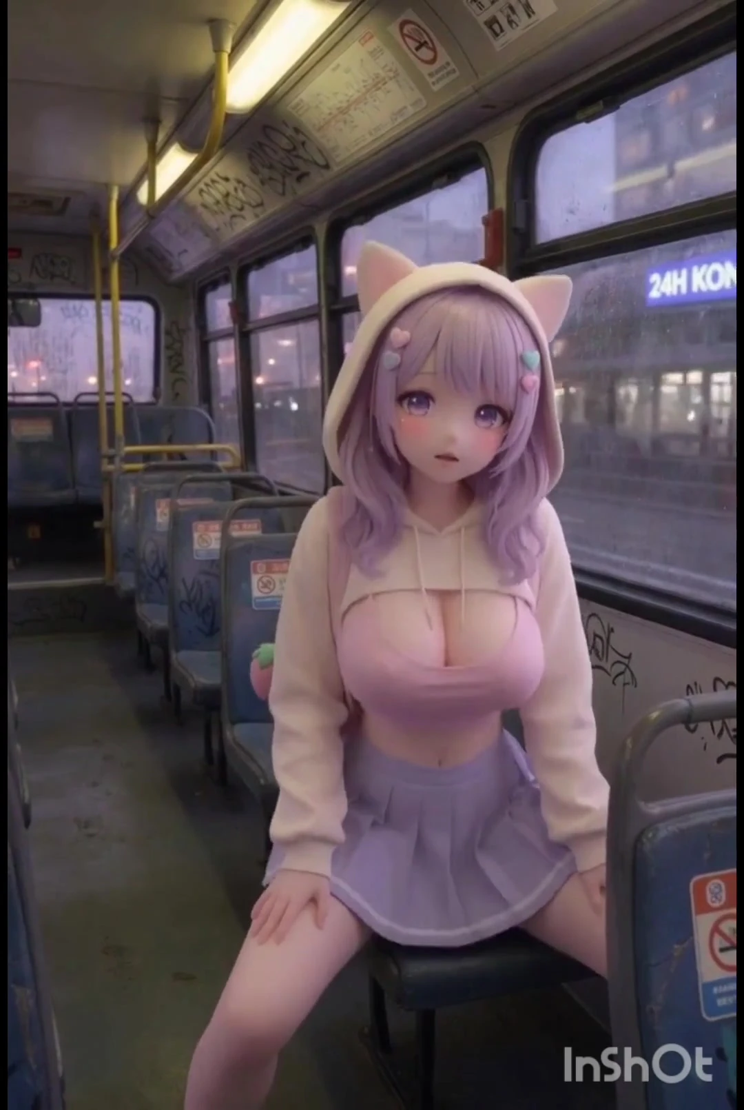 Shy kawaii hentai girl, alone on public bus