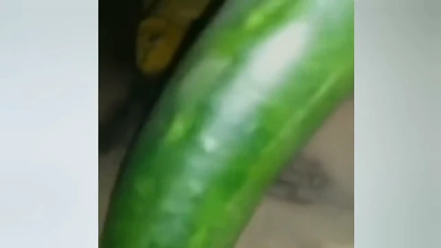 Partneri yanındayken hissettiği acıdan muzdarip genç bir kadın, salatalığı amına sokuyor.