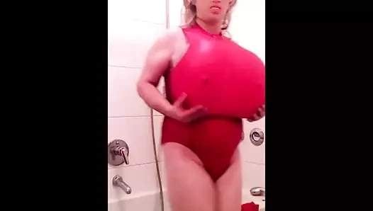 Braest genişleme kırmızı tek parça streç giysi