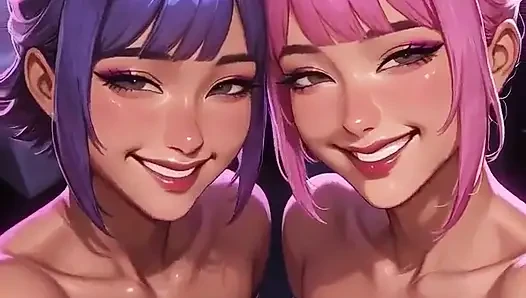 Cyberpunk lezbiyenler dil ve öpücük fetişi, ai animasyon