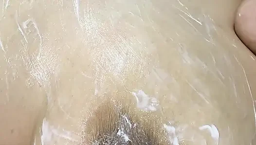 Mom vibrates her big tits with her big vibrator