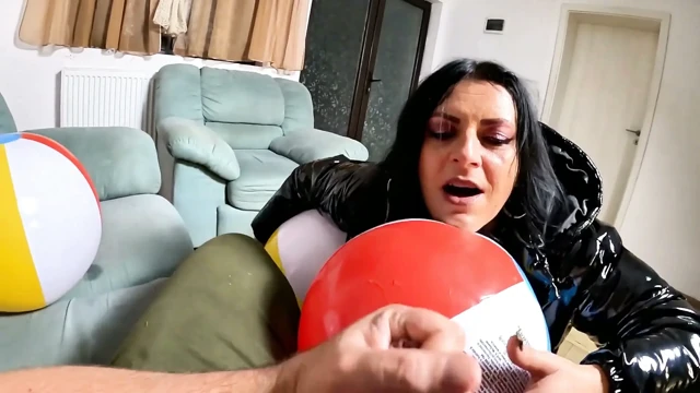 Glossy Downjacket MILF Beach Ball Fetish. Deepthroat, Popping, Riding and Double Cum