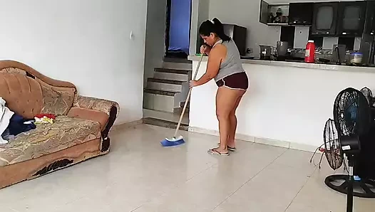 Chubby Latina with a big ass likes to be watched by her stepfather's old man while she cleans the house
