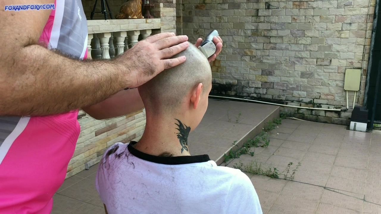 Horny smooth shaved bald girl has double penetration in all holes! MMF DP, double pussy fuck, double anal and cum on bald head