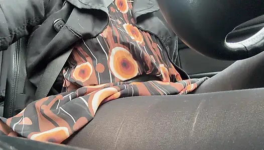 Elegant stepmom drives to the office wearing tights and a beautiful dress
