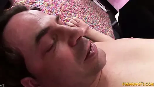 Femdom babe jerks off and slaps mature dick