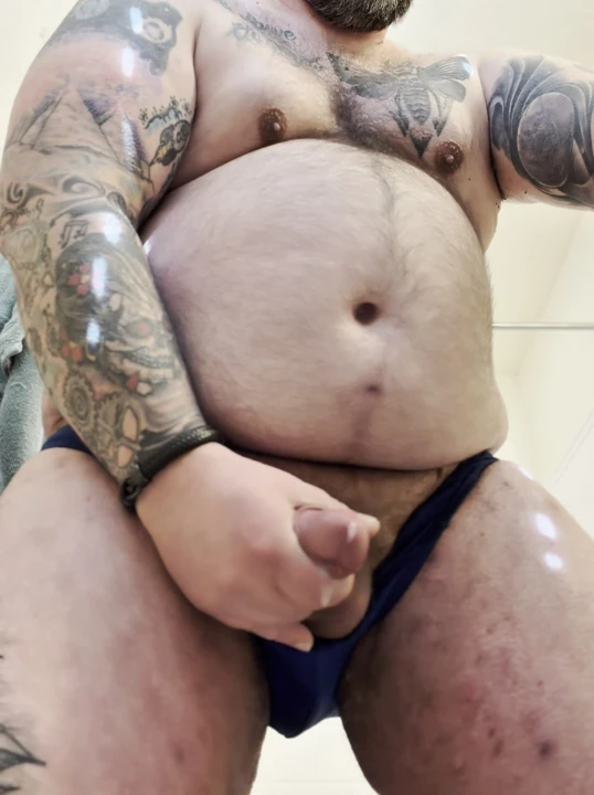 Chubby Hairy Tattooed Bear Stroking and cumming