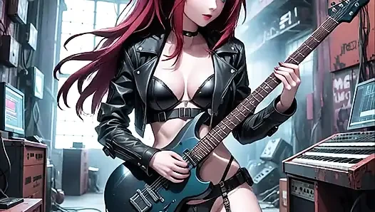 Seksi anime kızıl saçlı metal gitar ai müzik videosu çalıyor