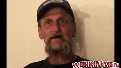 Bearded mature homo jerks off his big dick and comes hard
