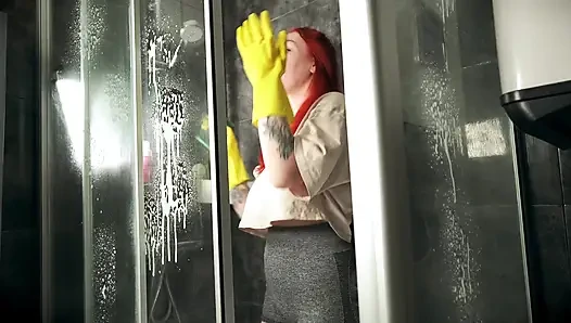 Maid Strips Naked Cleaning Shower - Boss Joins for Wet Rough Fuck!