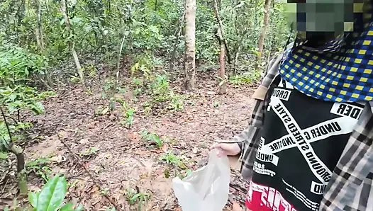Thai girls walking and talking and picking mushrooms in the forest, secretly showing in the deep forest Clear Thai voice