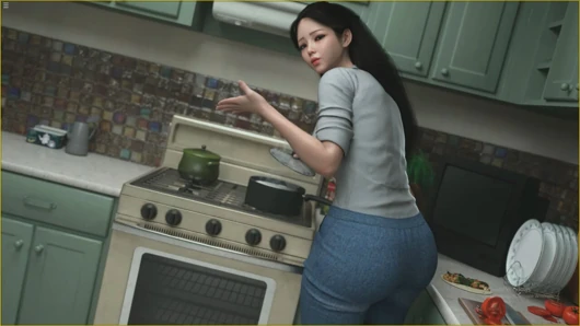 Japanese Stepmom Showing Big Boobs Cleavage While She Cooking In Kitchen