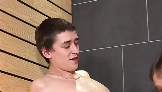 Two hot horny gay boys fuck anally in a sauna