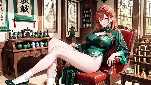 Kızıl saçlı ve zümrüt qipao! Doğu avlusunda tembel baştan çıkarma.