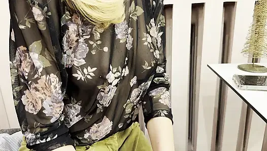Trying my new sheer blouse in a caffe, showing my hard pierced nipples in public.