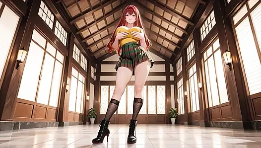 Büyük memeli kızıl saçlı açık gökyüzünün altında patlamaya neden olacak şekilde yalıyor ve öğütüyor