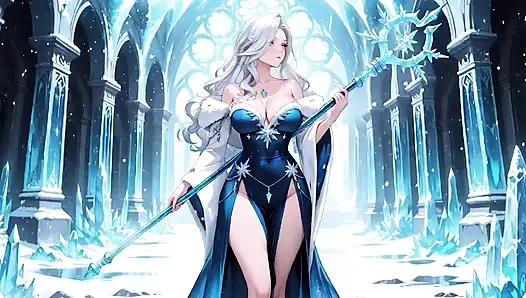 Kristal salonda gümüş saçlı buz mage! Zahmetsizce soğuğa bakarken sihir yapıyor, ama dudakları titriyor.