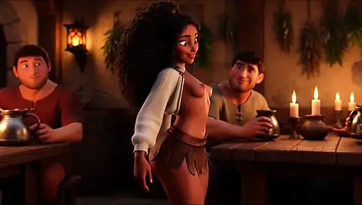 Ateşli şehvetli platin sarışın barmen neşeli patronlarla büyük memeli ortaçağ fantezi tavernasında flörtöz vahşi gece