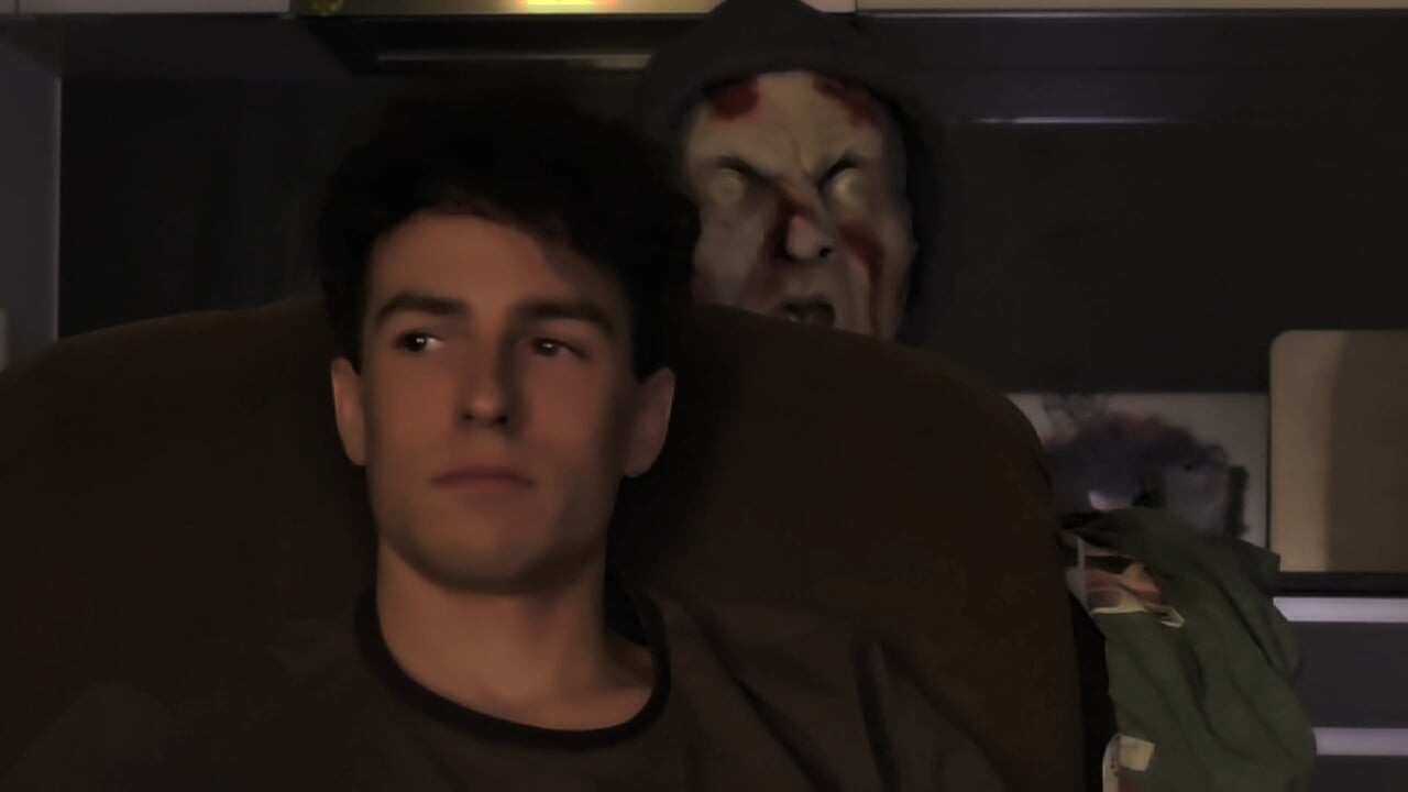 Twink cadılar bayramında maskeli bir adama şaşırıyor