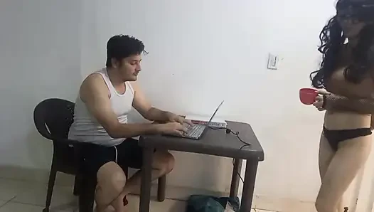 Colombian stepbrother studies on laptop while Venezuelan stepsister sucks his cock, scoops out his milk and swallows it