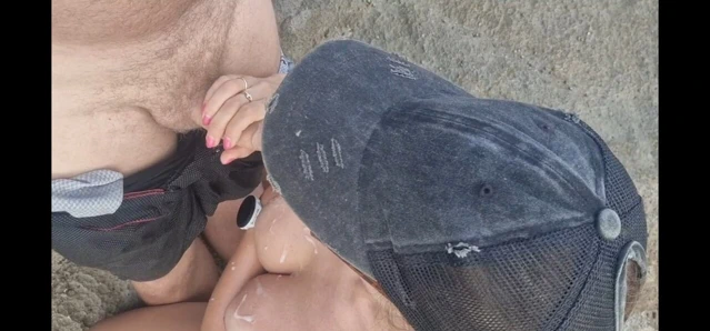 public blowjob ending with cum on tits. caught on the beach.