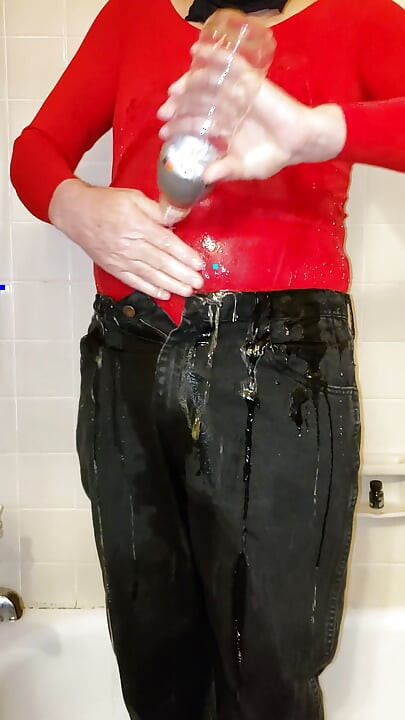 Cd pissing and pouring piss on nylon pantyhose leotard and jeans.