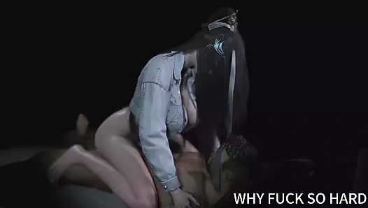 3 boyutlu seksi Asyalı fahişe büyük yarak üzerinde oturuyor