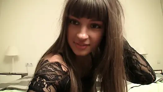 Slim Brunette Melania Dry Humping on Her Bed in Black Pantyhose