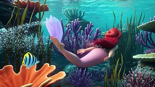 Şehvetli olgun Ariel uzun insan bacakları ve fantezideki zarif pozlarla büyülü sualtı mağarasını keşfediyor