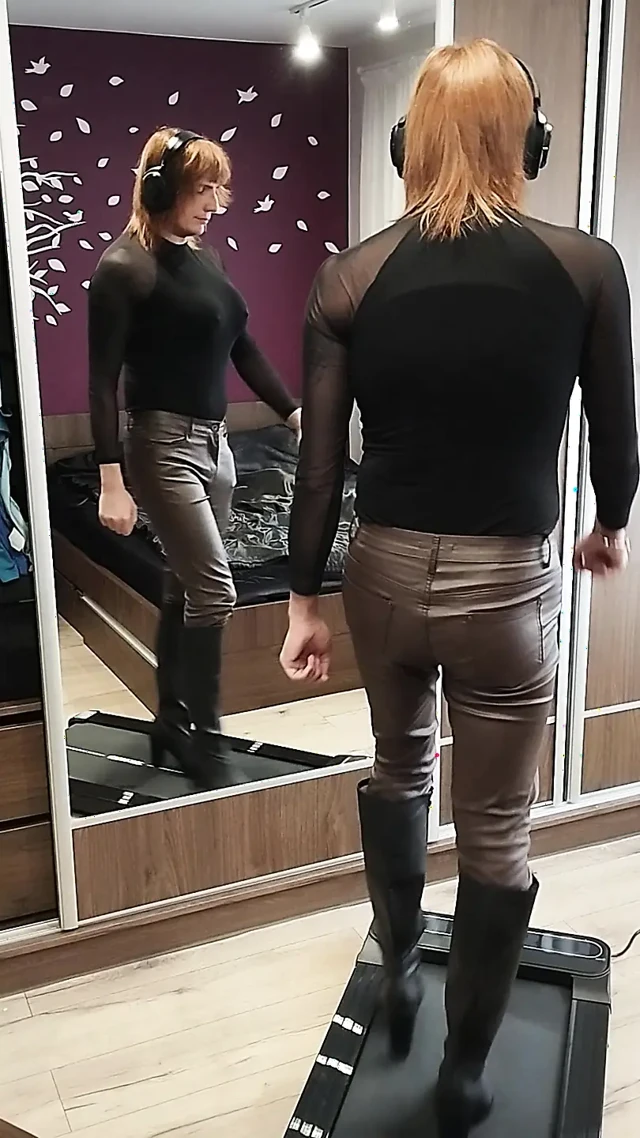 Learning to walk in heels in leather pants