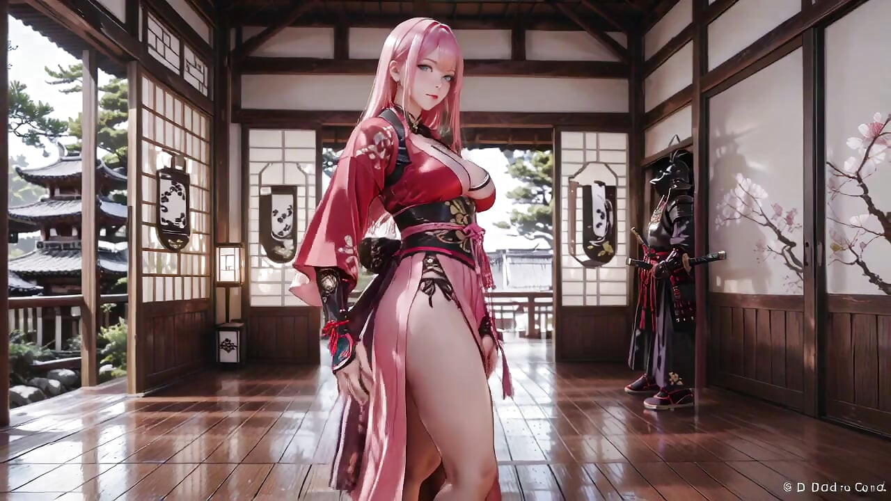 Pembe saçlı savaşçı tatami'nin üzerinde diz çöküyor, yüksek yarıklı kimono, kar yağışlı kalçalarını ortaya çıkarmak için kayıyor.