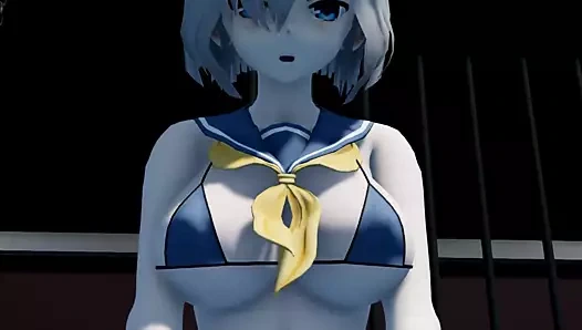 Naylon külotlu çoraplı sevimli kız büyük götünü sallıyor ve büyük göğüsleri minik bikinili