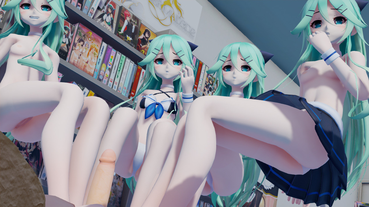 Dört liseli kız birkaç oyuncak satın almak için anime dükkanında yaraklara ayakla mastürbasyon yapıyor