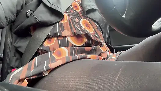 Elegant stepmom drives to the office wearing tights and a beautiful dress