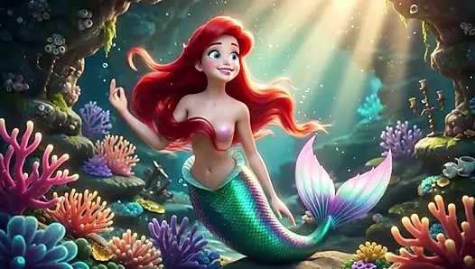 Şehvetli olgun Ariel uzun insan bacakları ve fantezideki zarif pozlarla büyülü sualtı mağarasını keşfediyor