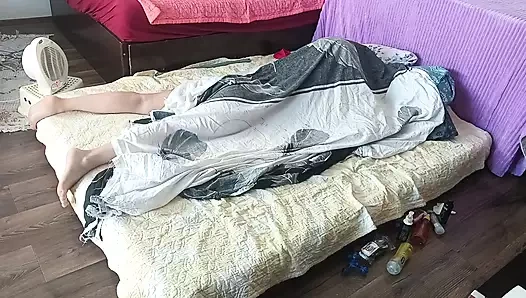 Amateur couple crazy sex in the bedroom. Hot foreplay with a couple, oil massage on the body.