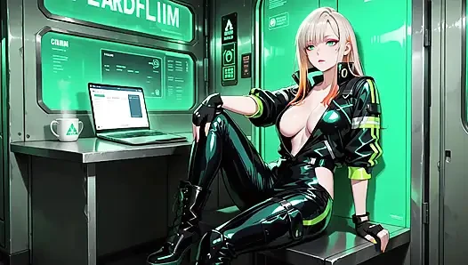 Neon Yağmur Gecesi! Islak deri çömelmiş sarışın ajan düşük, holografik parıltı ve soğuk bakışlar.
