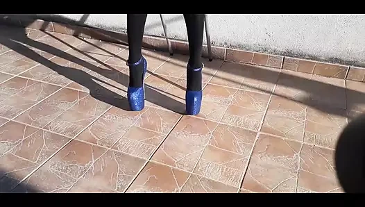 Denim Shorts, Black Tights and Gorgeous 8 Inch Heels