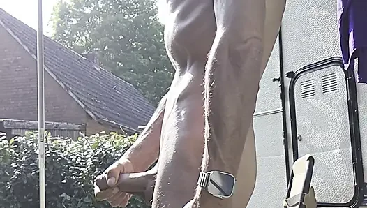 Skinny boy piss n sperm same time. Sperm and piss flows from big dick outdoor