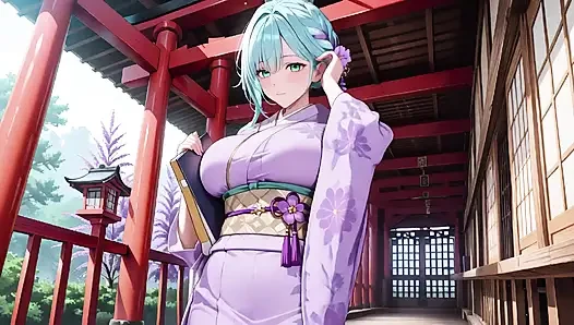 Mor kimono tanrıçası! Kırmızı Torii kapısının altındaki ıslaklığı kaldıramıyorum
