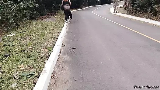 My stepmother in transparent pants without panties showing off on the street.
