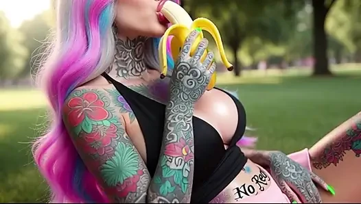 Tattooed Big Boobs Babe Masturbates in Public Park and Squirts