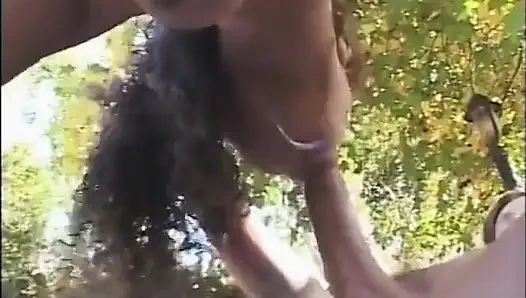 Телочка-брюнетка с красивой задницей сосет большой хуй и жестко скачет на улице