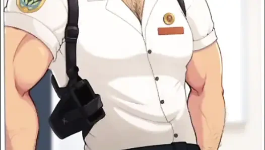 Manly detective waits for help to get totally naked.