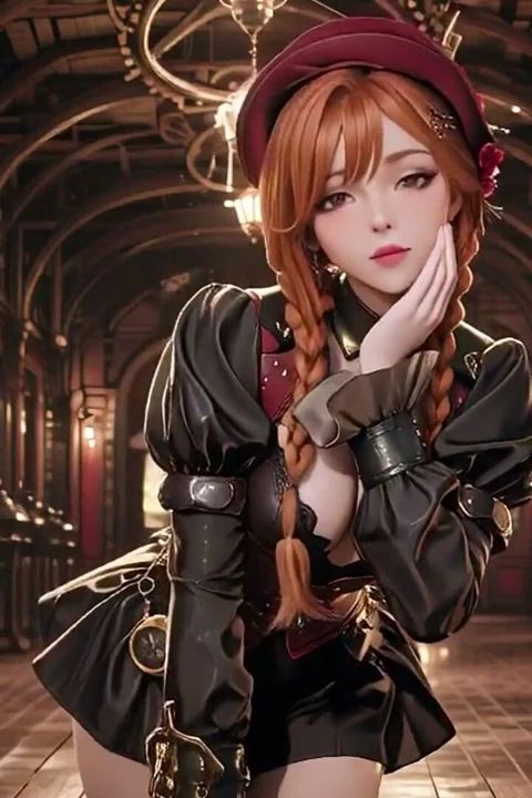 Steampunk Düşes! Kızıl saçlı mekanik kız vites salonunda azdırıyor.
