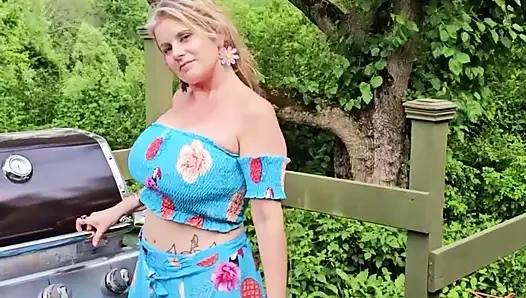 OnlyFans Voyeur look at MOMMY Enjoying the Summer Barbecuing Meat with her BIG TITS Out in the Sunshine