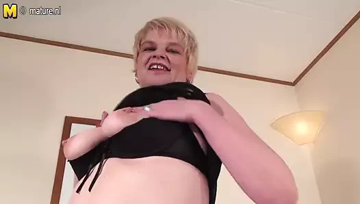 Heavily pierced mature slut step mom masturbates