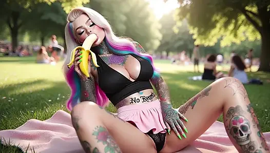 Tattooed Big Boobs Babe Masturbates in Public Park and Squirts