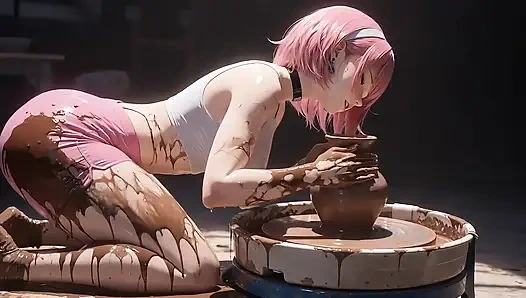 AI Pink Haired Girl Molds Clay Basin & Smears Wet All Over Her Body.