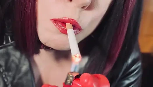 Leather Wife Tina Snua Smoking In Red Latex Gloves  -  Smoker Shiny Goth Gothic Emo Makeup Wig